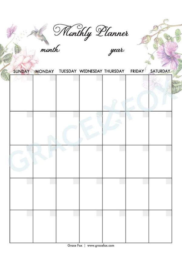 Monthly Planner - Birds (Grace Fox Store) Grace Fox Printables: Monthly Planner
