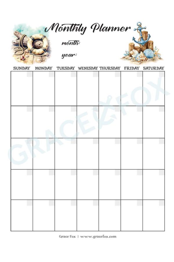 Monthly Planner - Marine (Grace Fox Store) Grace Fox Printables: Monthly Planner