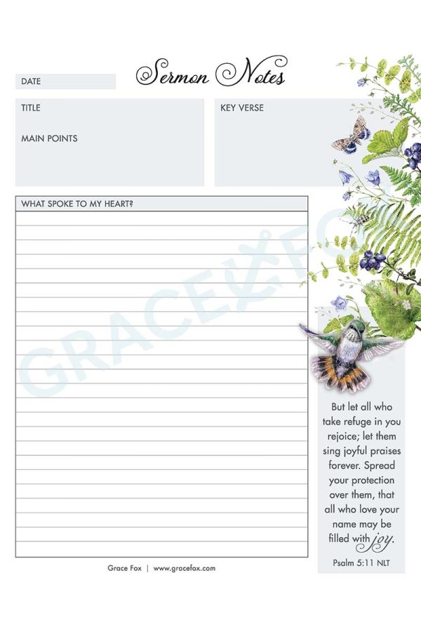 Sermon Notes Journal - Birds (Grace Fox Store) Grace Fox Printables: Sermon Notes Journal