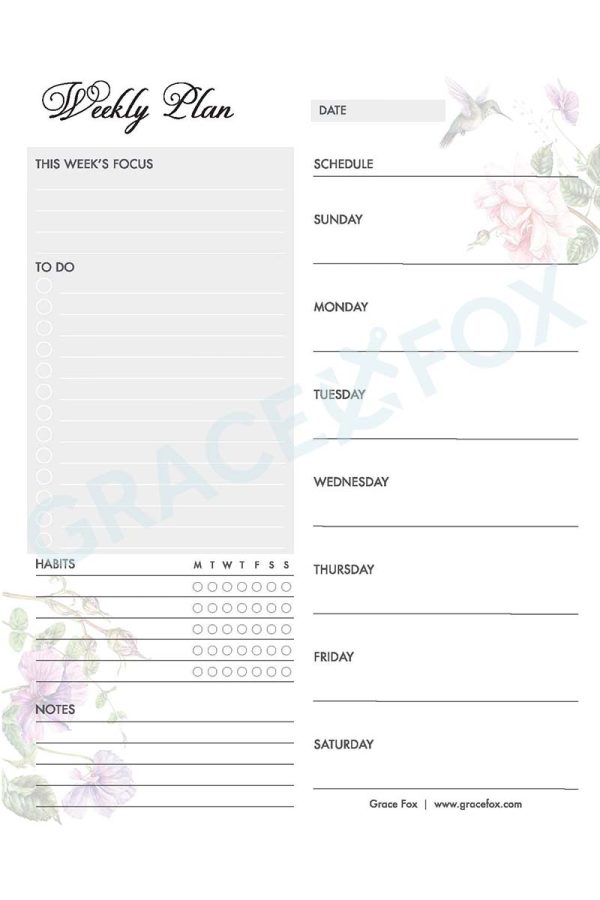 Weekly Planner - Birds (Grace Fox Store) Grace Fox Printables: Weekly Planner