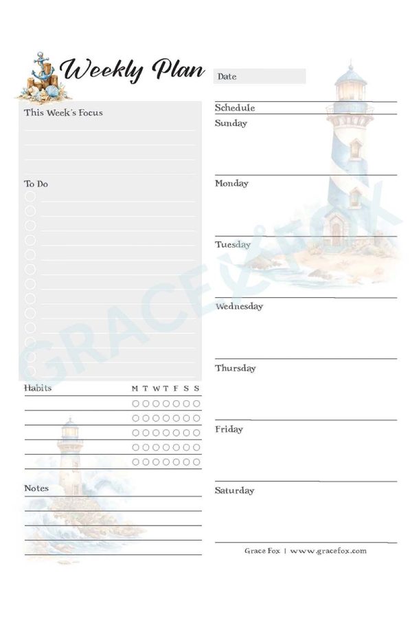 Weekly Planner - Marine (Grace Fox Store) Grace Fox Printables: Weekly Planner